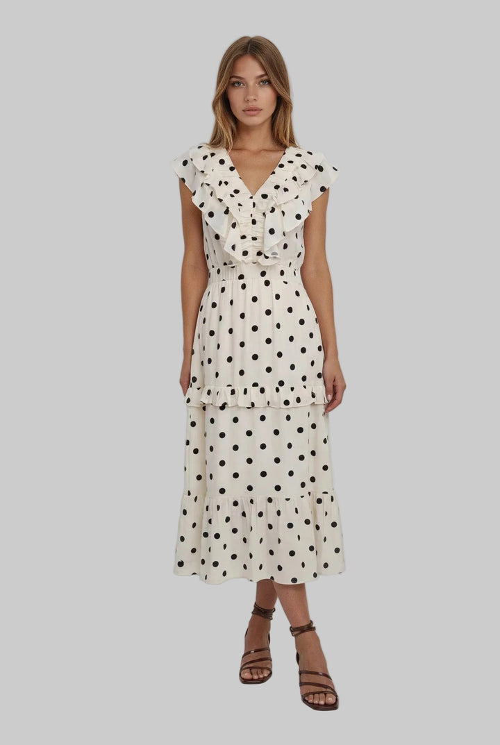 RUFFLED POLKA DOT MIDI DRESS - IVORY