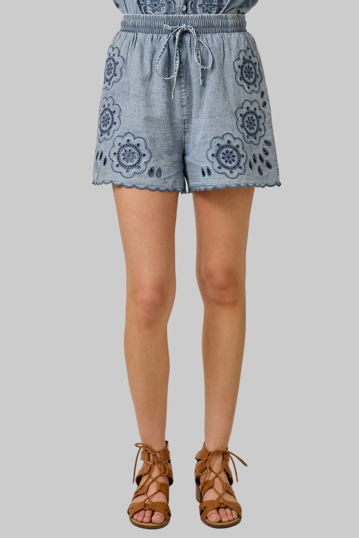 WASHED TENCEL EMBROIDERED SHORTS - DARK DENIM