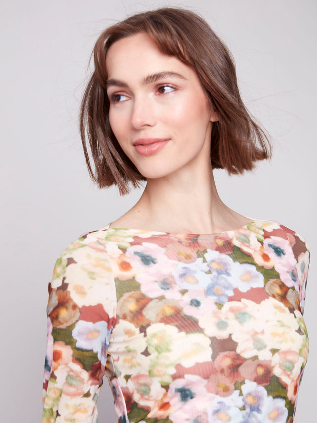 PRINTED MESH TOP W/GATHERING AT SIDES - BOTANICAL