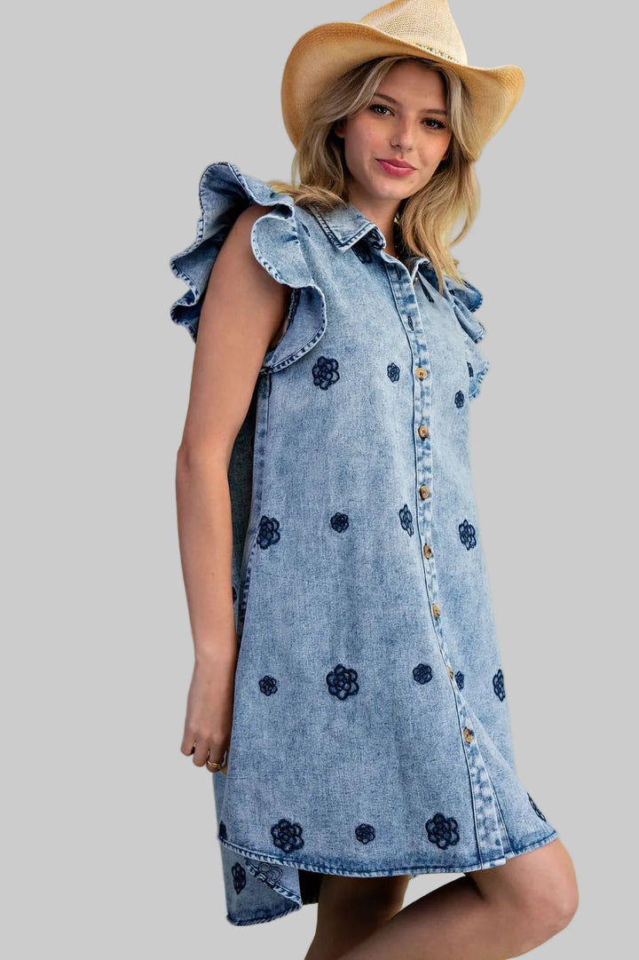 FLUTTER SLEEVE FLOWER EMBROIDERED SHORT DRESS - WASHED DENIM