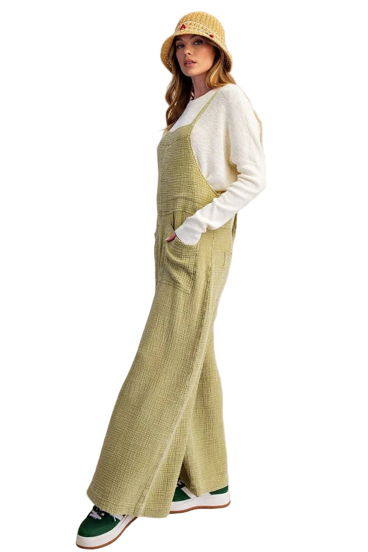 WASHED COTTON WIDE LEG JUMPSUIT - SAGE