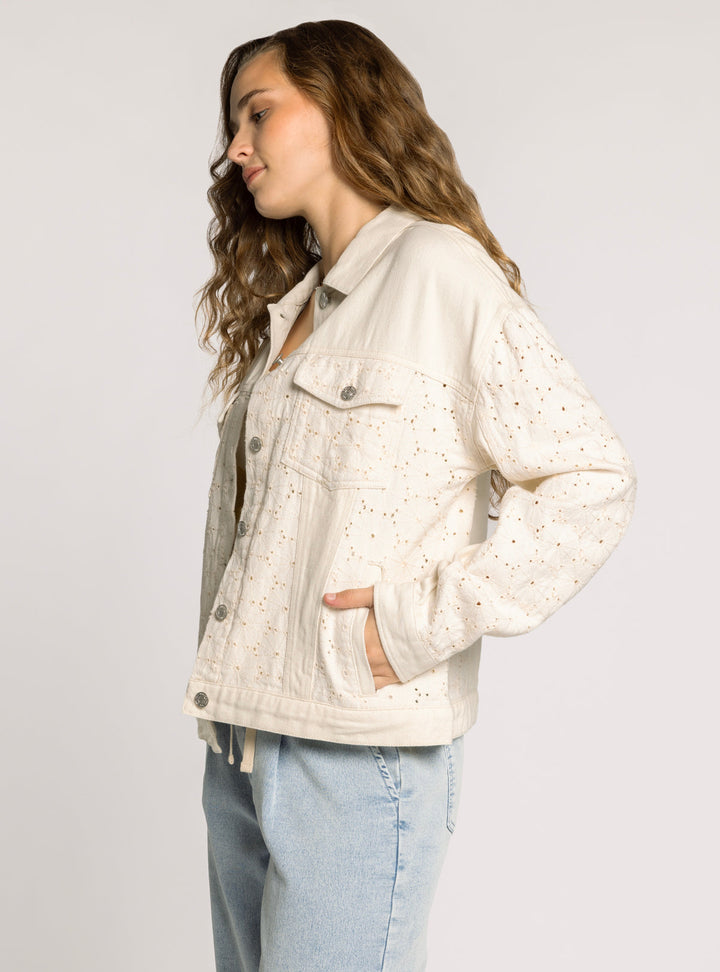 COLLARED EYELET DETAIL DENIM JACKET - CREAM