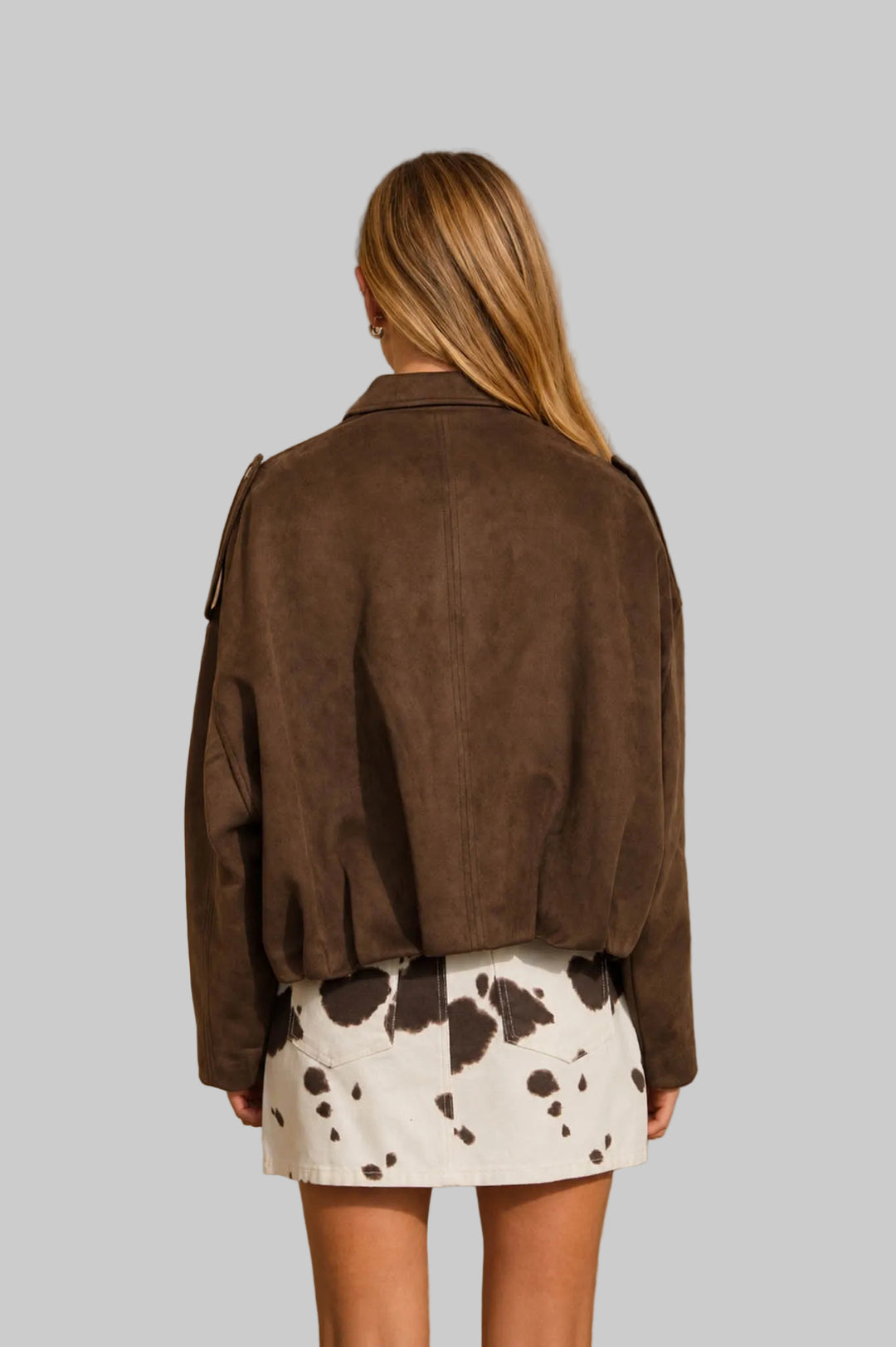 OVERSIZED SUEDE COLLARED CROPPED JACKET - DARK BROWN