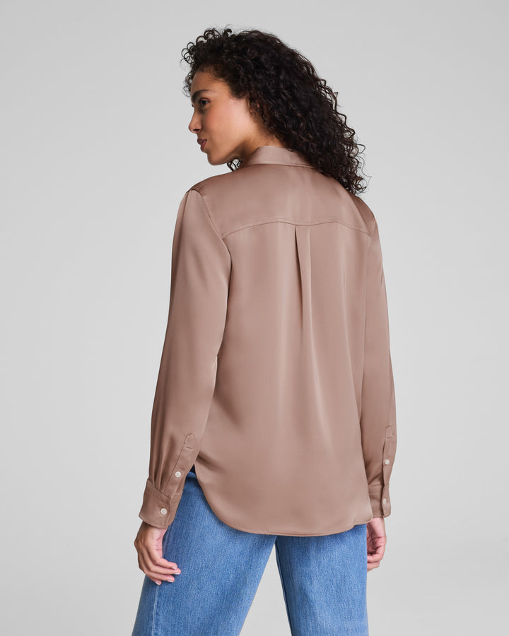 SPANX BETTER THAN SILK BUTTON DOWN TOP - CAFE AU LAIT