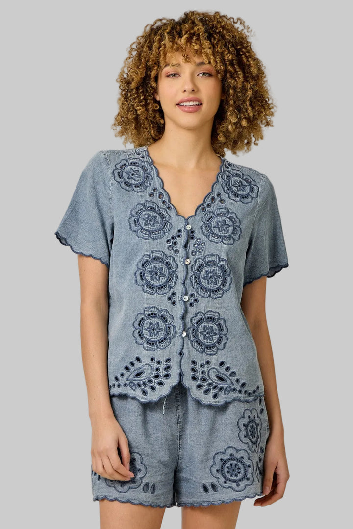 SHORT SLEEVE BUTTON FRONT TENCEL EMBROIDERED BLOUSE - DARK DENIM