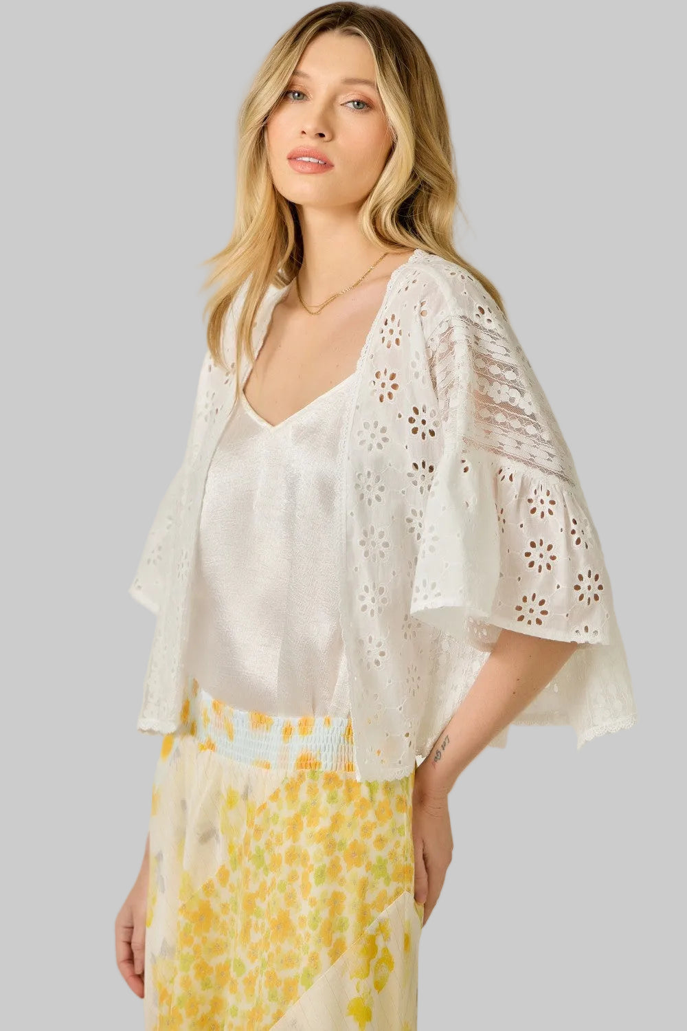 MIXED LACE KIMONO CARDIGAN - OFF WHITE