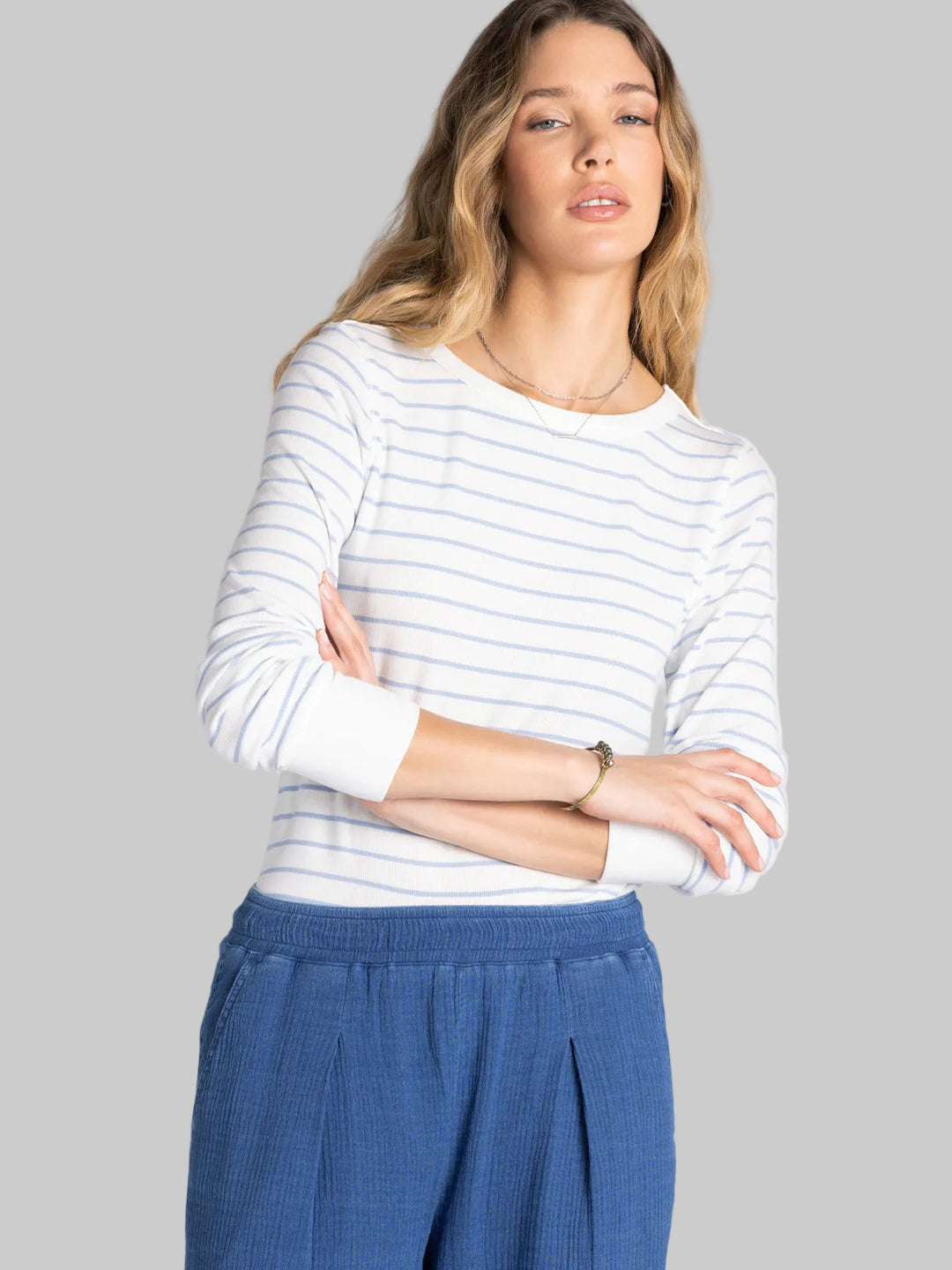 LONG SLEEVE STRIPED STACY TOP - IVORY POWDER BLUE