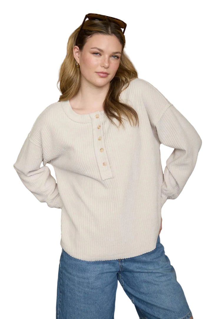 RIBBED HENLEY LONG SLEEVE EXPOSED SEAM KNIT TOP - OATMEAL