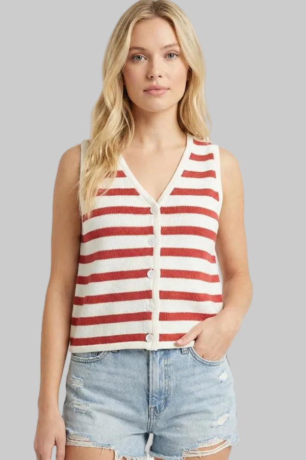 STRIPED BUTTON DOWN VEST CARDIGAN - IVORY/RED