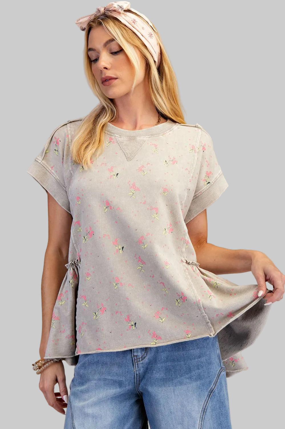 FLORAL PRINTED WASHED TERRY TUNIC TOP - ROCK STONE