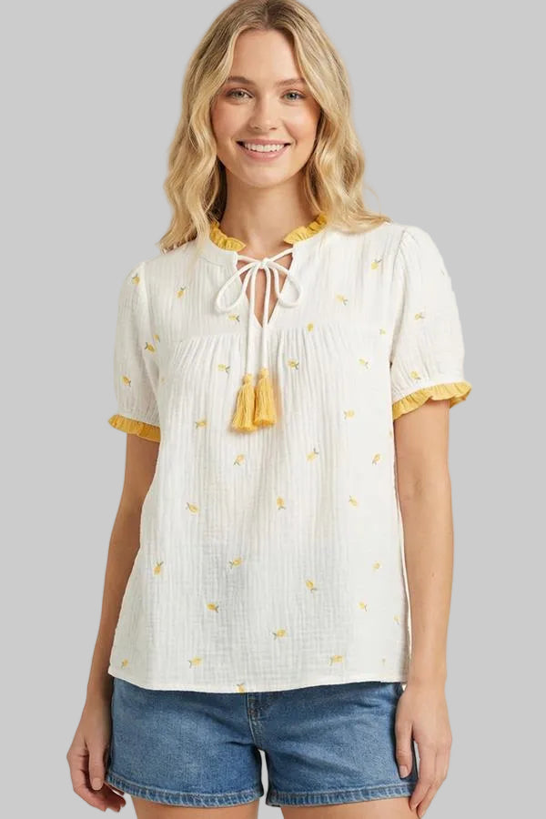 CONTRAST RUFFLE NECK HALF SLEEVE TOP - YELLOW