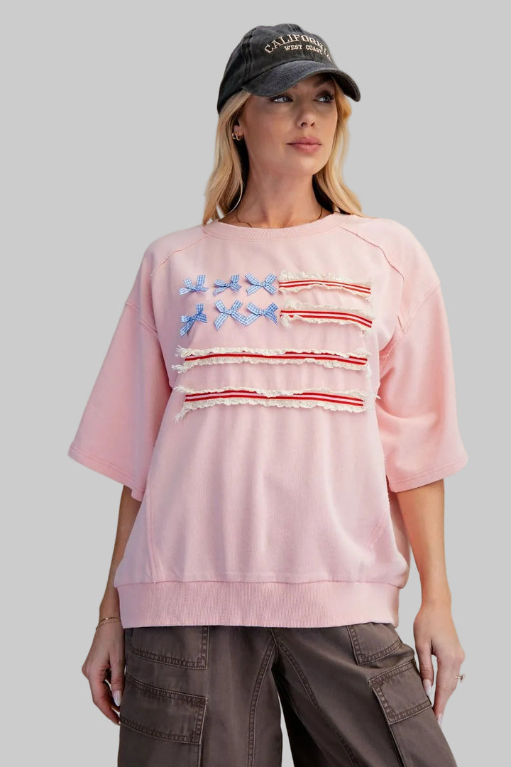 HALF SLEEVE OVERSIZED FLAG TERRY TOP - COTTON PINK