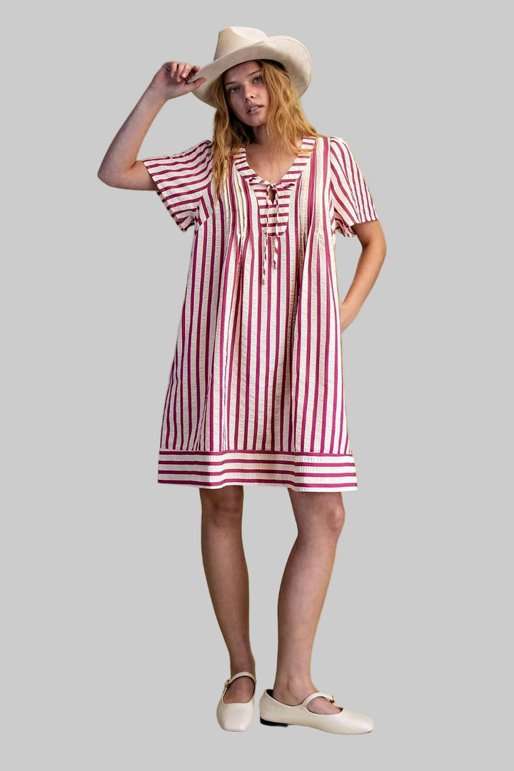 CRINKLED STRIPE SOFT WASHED SHORT DRESS - MAGENTA