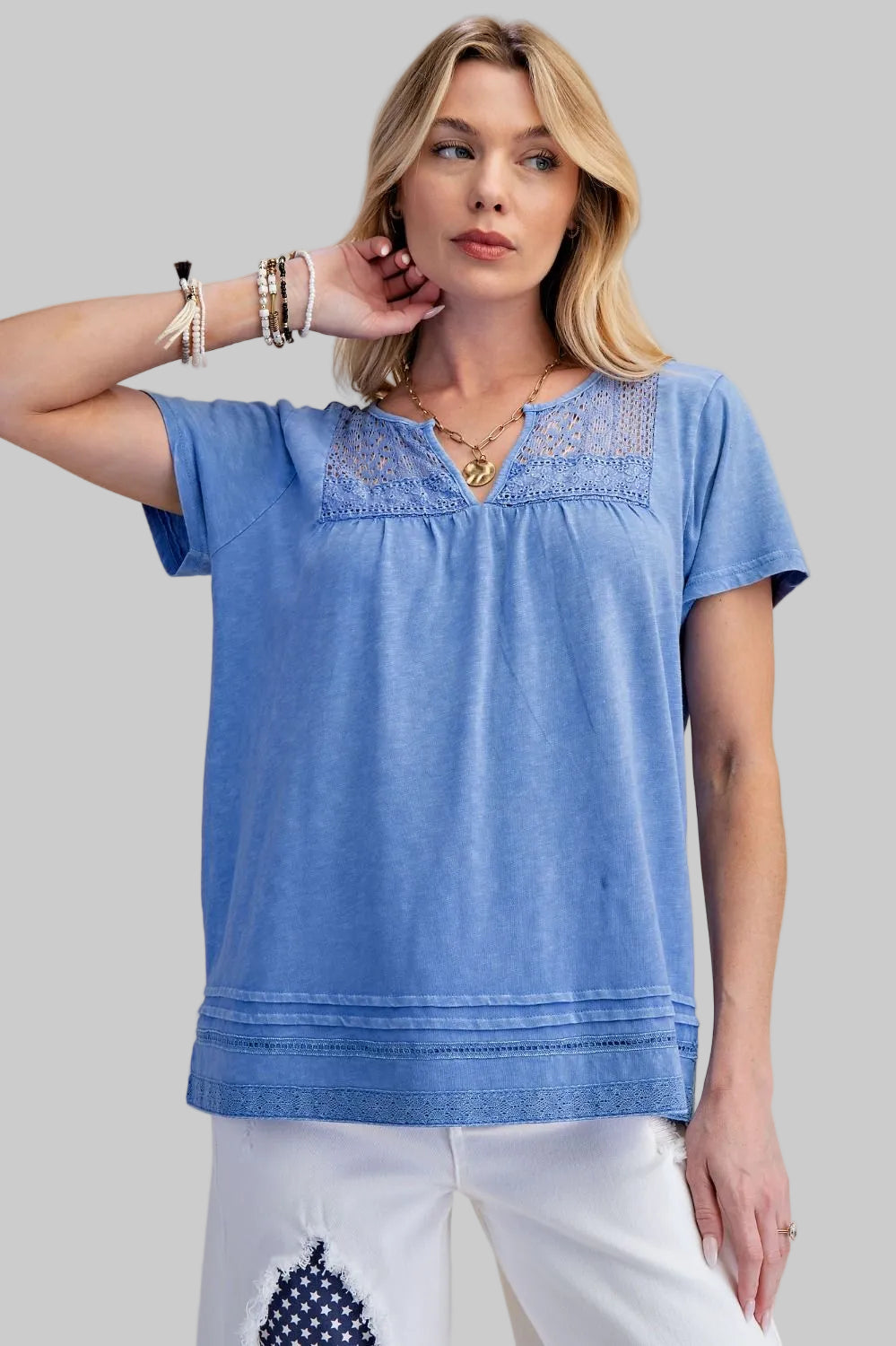 SHORT SLEEVE LACE TRIM COTTON TOP - LILAC BLUE