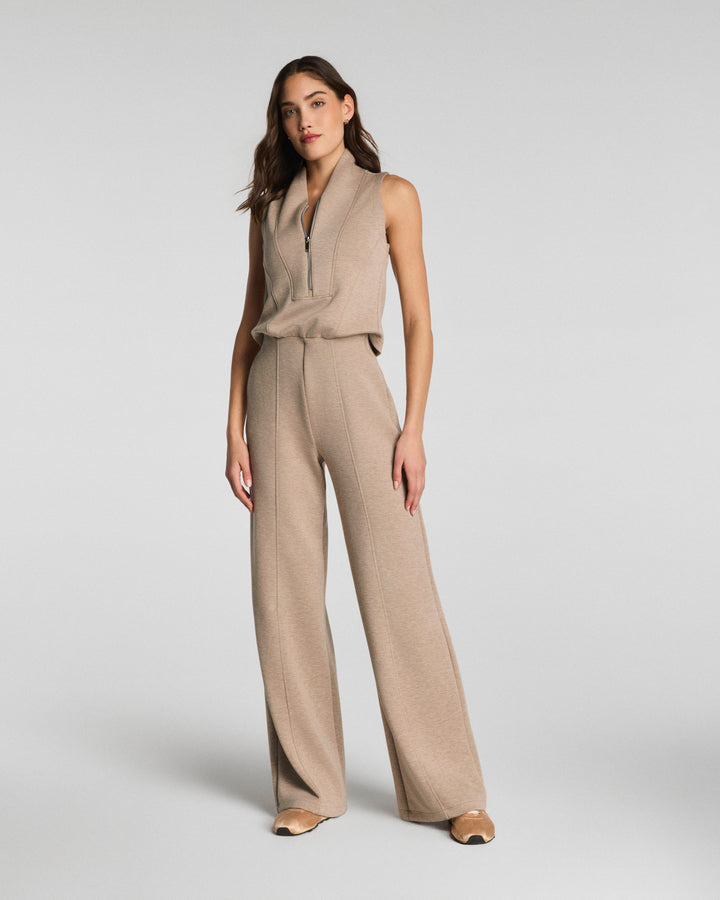 SPANX AIREESSENTIAL SHAWL COLLAR HALF ZIP JUMPSUIT - DUNE HEATHER