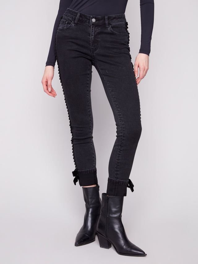 SLIM STRETCH DENIM PANTS W/VELVET BOW TRIM - CHARCOAL