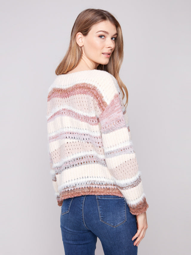 PATCHWORK KNIT DROP SHOULDER SWEATER - FIG