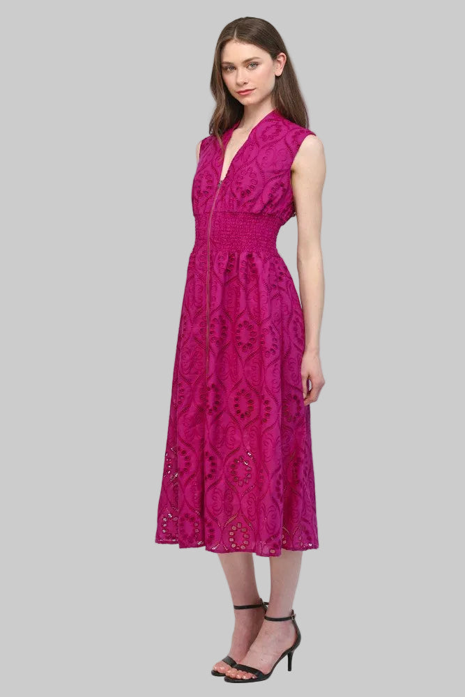 EMBROIDERED EYELET LACE FRONT ZIP MIDI DRESS - MAGENTA