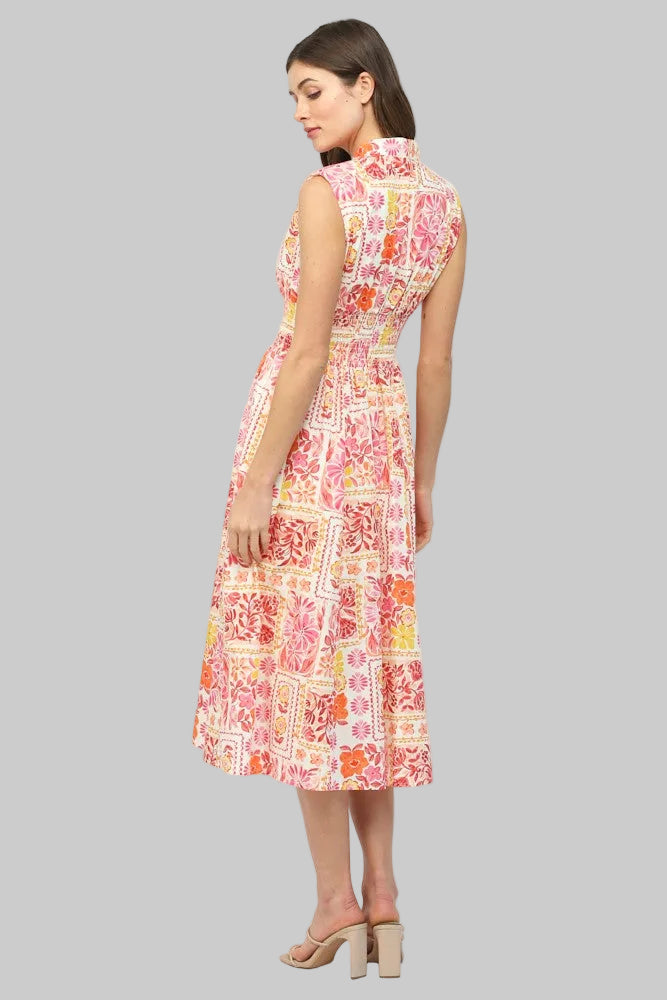 FLORAL PATCHWORK FRONT ZIP MIDI DRESS - IVORY MULTI