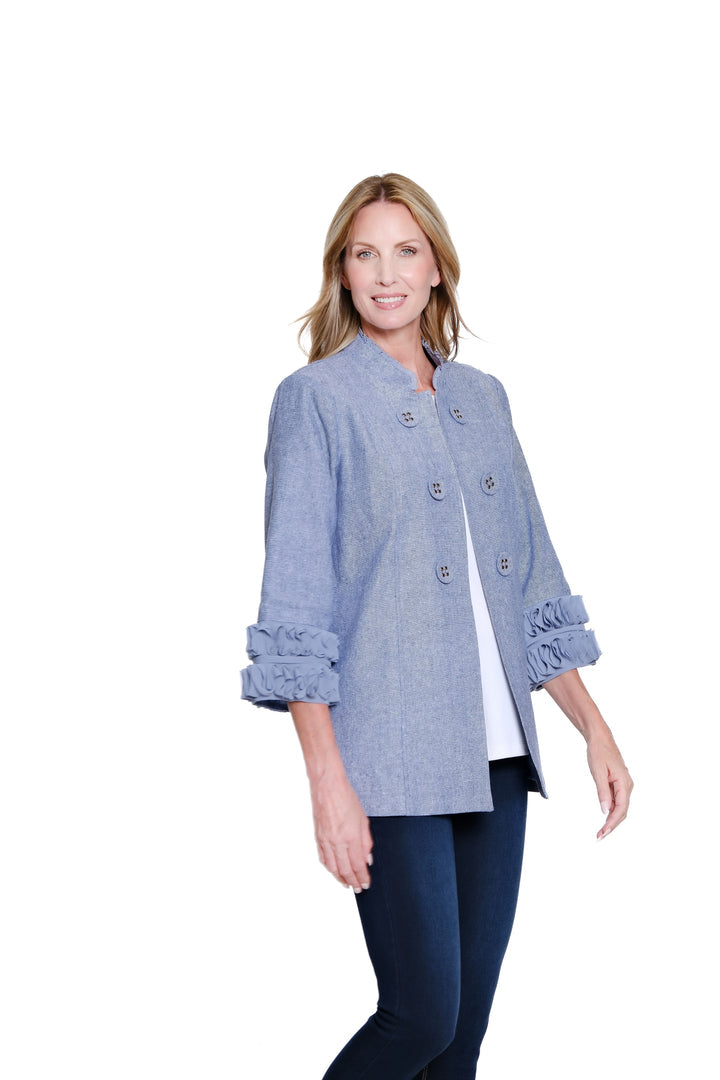 3/4 SLEEVE STAND COLLAR DOUBLE BUTTON LINED JACKET - CHAMBRAY BLUE