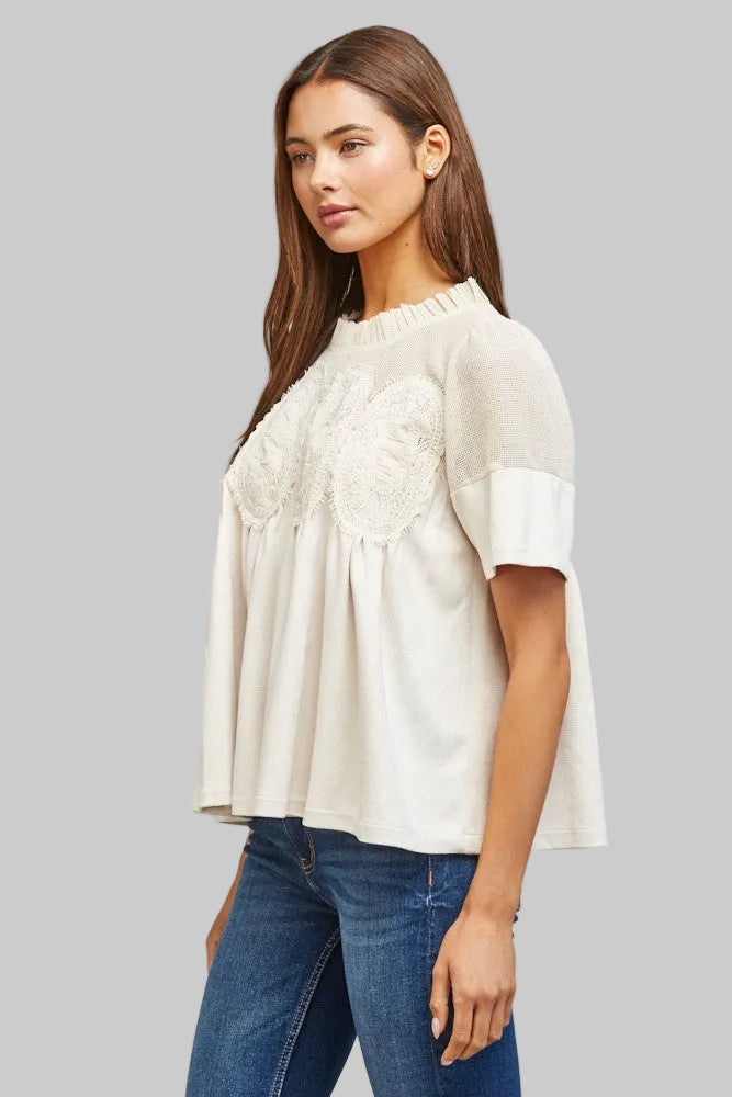 SHEER MESH W/LACE DETAIL FAUX SUEDE FLOWY TOP - IVORY