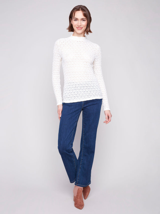 LONG SLEEVE KNIT LACE MOCK NECK TOP - ECRU
