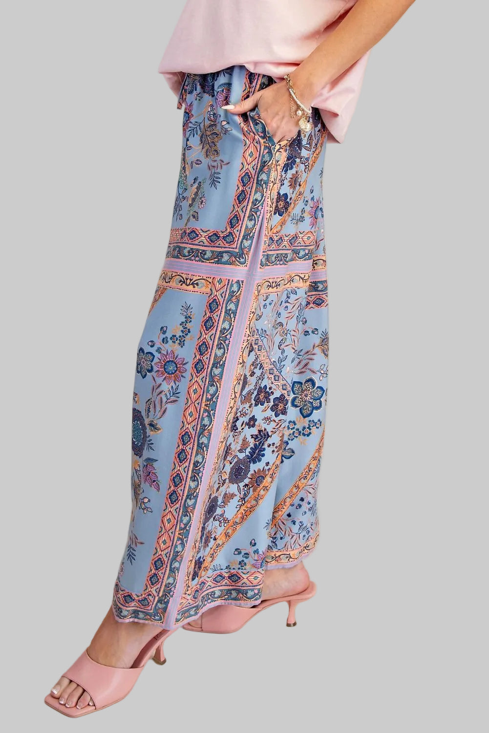 GEOMETRIC PRINT RAYON WIDE LEG PANTS - BLUE