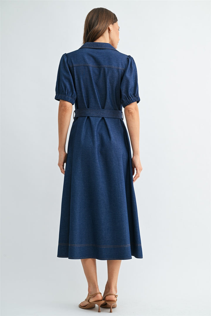 SHORT SLEEVE WRAP TIE LONG DRESS - DEEP DENIM