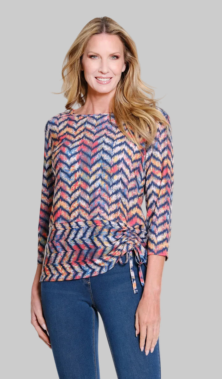 3/4 SLEEVE SCOOP NECK DRAWSTRING HEM TOP - CHEVRON NAVY/YELLOW