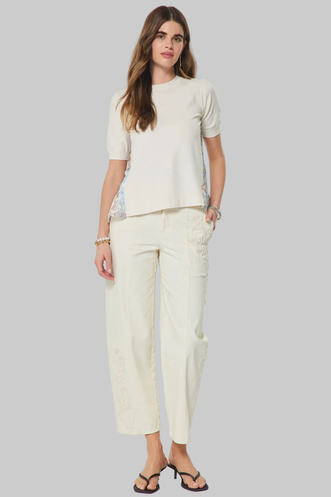 SHORT SLEEVE COMBO SWEATER/WOVEN TOP - IVORY