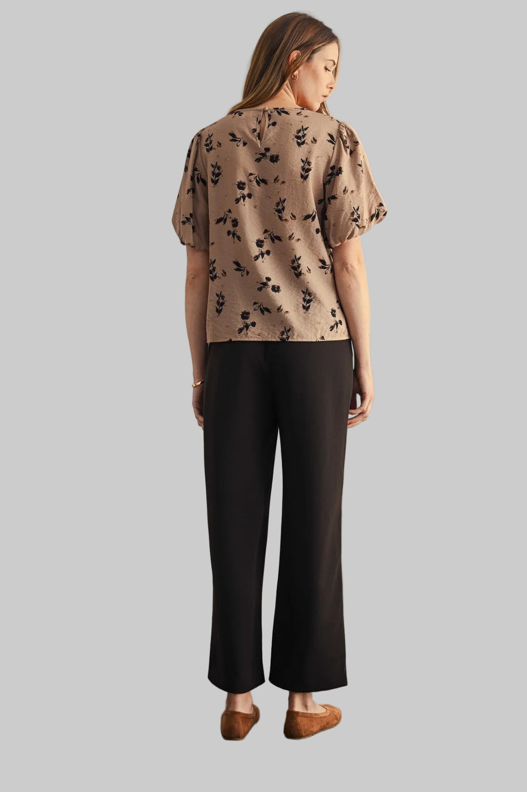 BALLOON SLEEVE FLOWER PRINT TOP - TAUPE