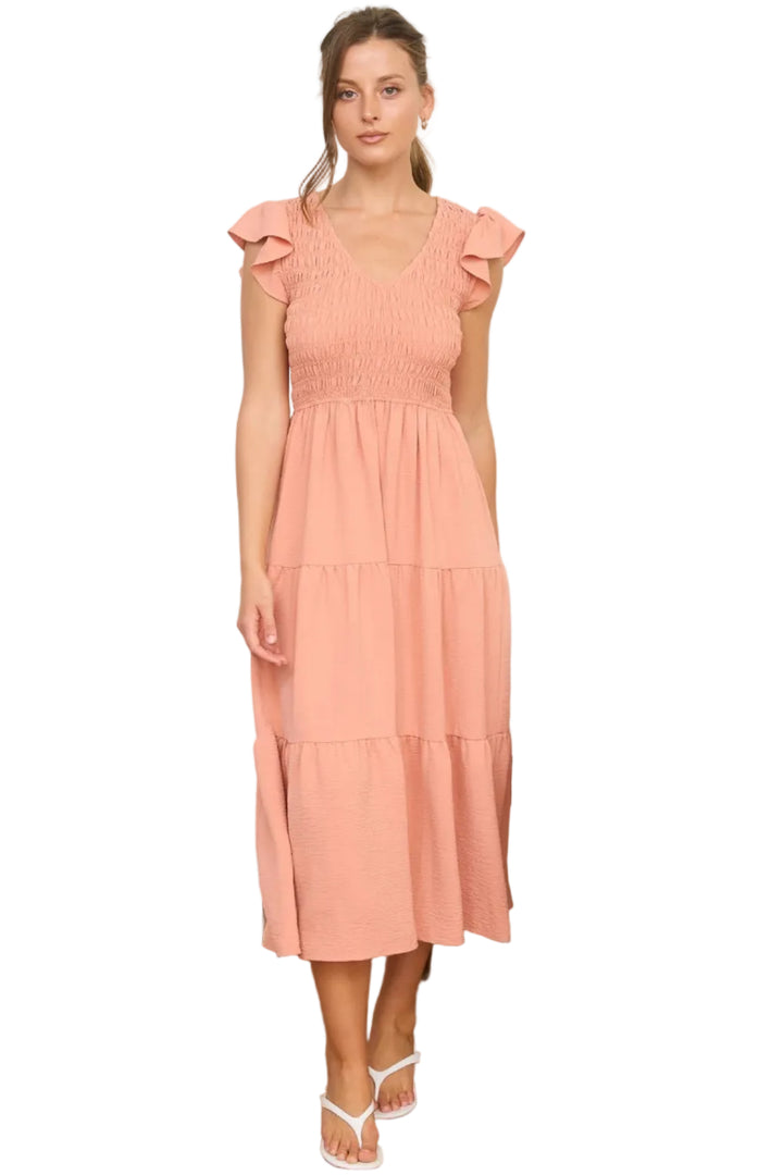 FLUTTER SLEEVE SMOCKED BODICE MIDI DRESS - PEACH