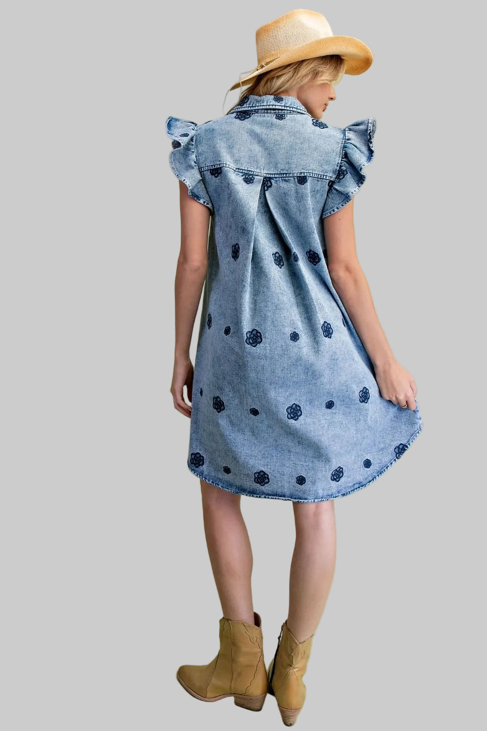FLUTTER SLEEVE FLOWER EMBROIDERED SHORT DRESS - WASHED DENIM