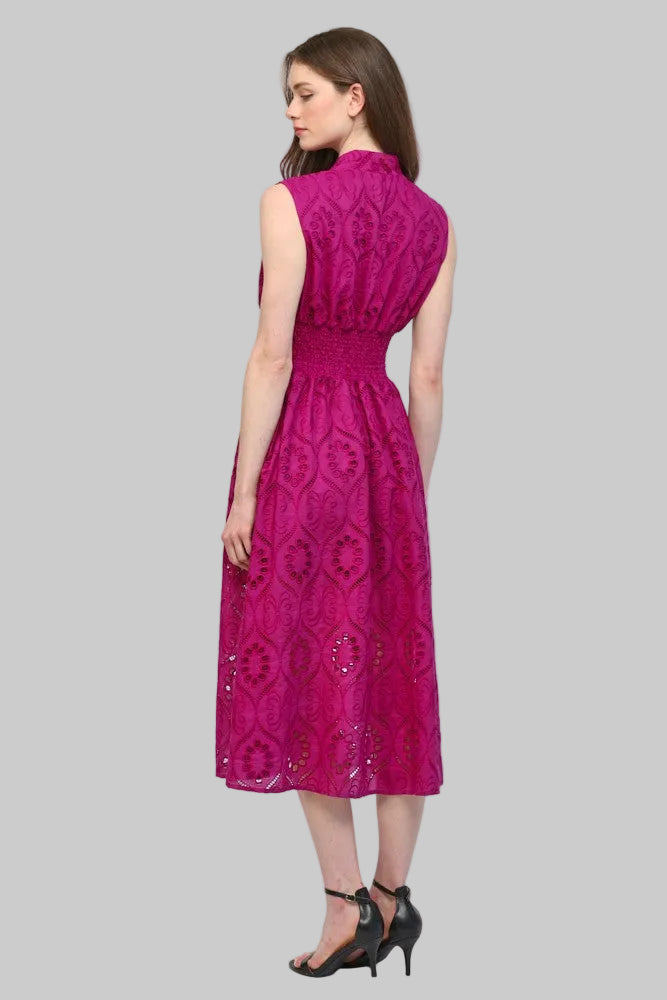 EMBROIDERED EYELET LACE FRONT ZIP MIDI DRESS - MAGENTA