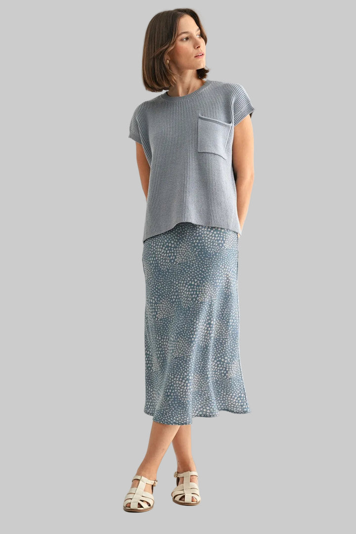 FLORAL SATIN MIDI SKIRT - BLUE