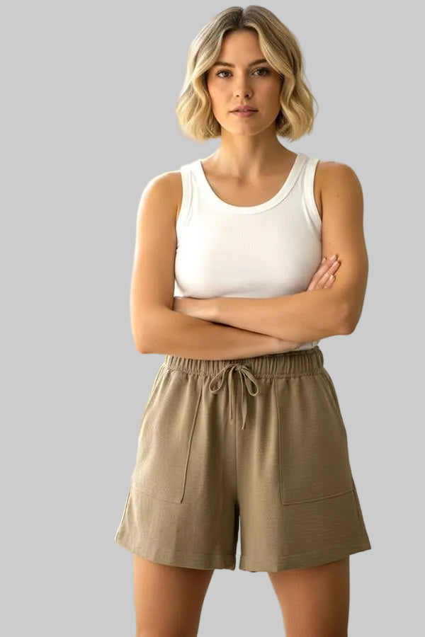 ELASTIC WAIST PAPER BAG SHORTS - TAUPE