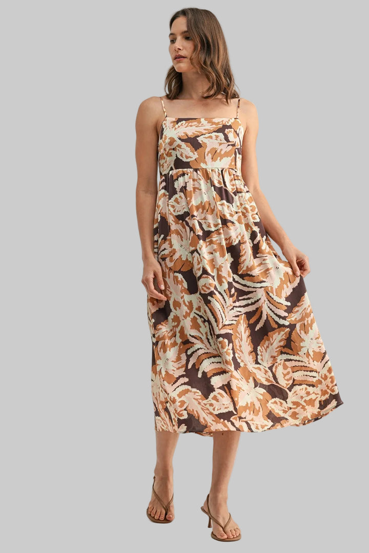 SPAGHETTI STRAP LEAF PRINT SMOCK BACK MIDI DRESS - BROWN COMBO