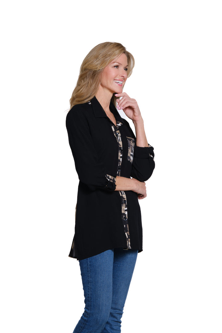 ROLL TAB L/S BUTTON FRONT HI/LO TOP - BLACK W/PRINT ACCENTS