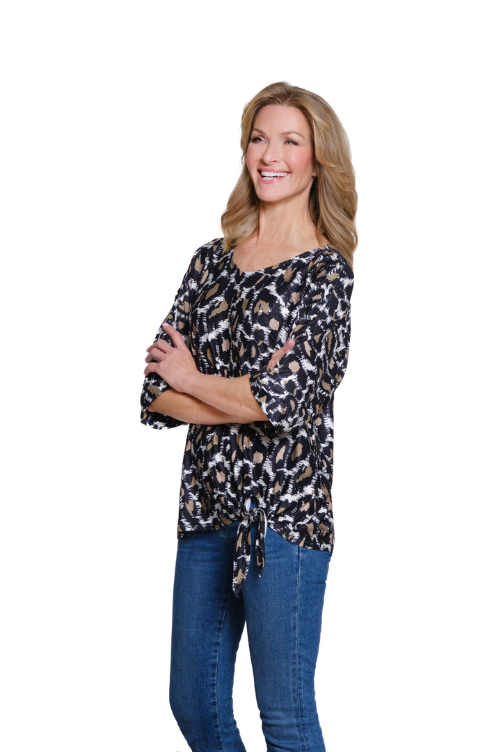 CUFFED ELBOW SLEEVE TIE WAIST TOP - ANIMAL PRINT BLACK/BEIGE
