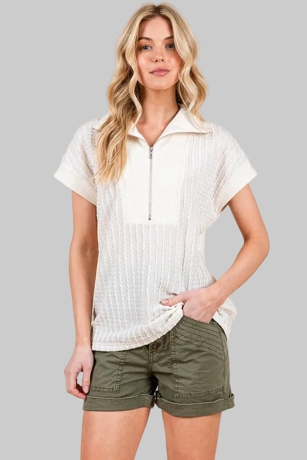 CAP SLEEVE TEXTURED HALF ZIP CONTRAST TOP - OFF WHITE