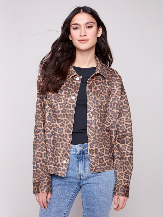 LEOPARD PRINTED SCUBA SHORT COAT - LEOPARD BROWN