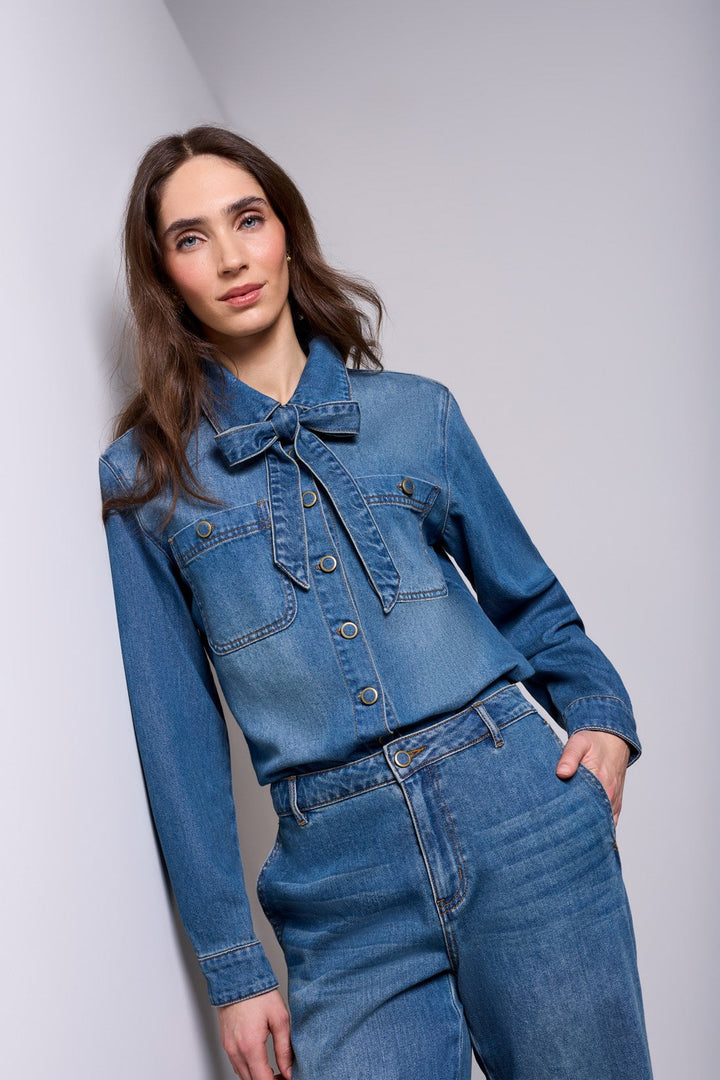 LONG SLEEVE DENIM BLOUSE WITH REMOVABLE SELF TIE - AUTHENTIC BLUE