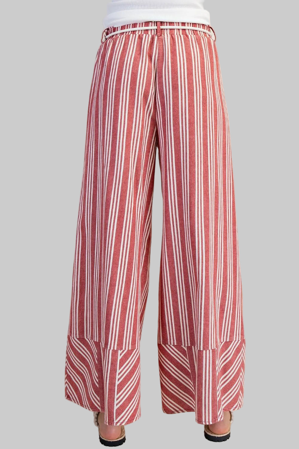 STRIPE RAYON LINEN WASHED PALAZZO PANTS - RED