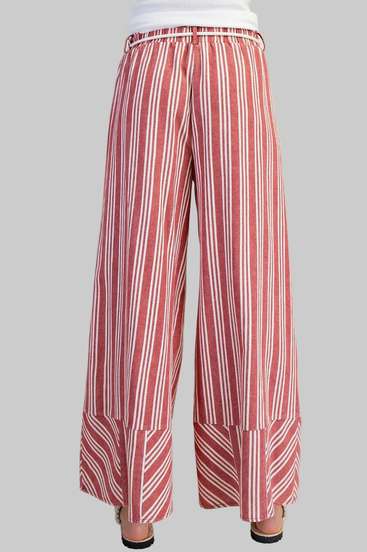 STRIPE RAYON LINEN WASHED PALAZZO PANTS - RED