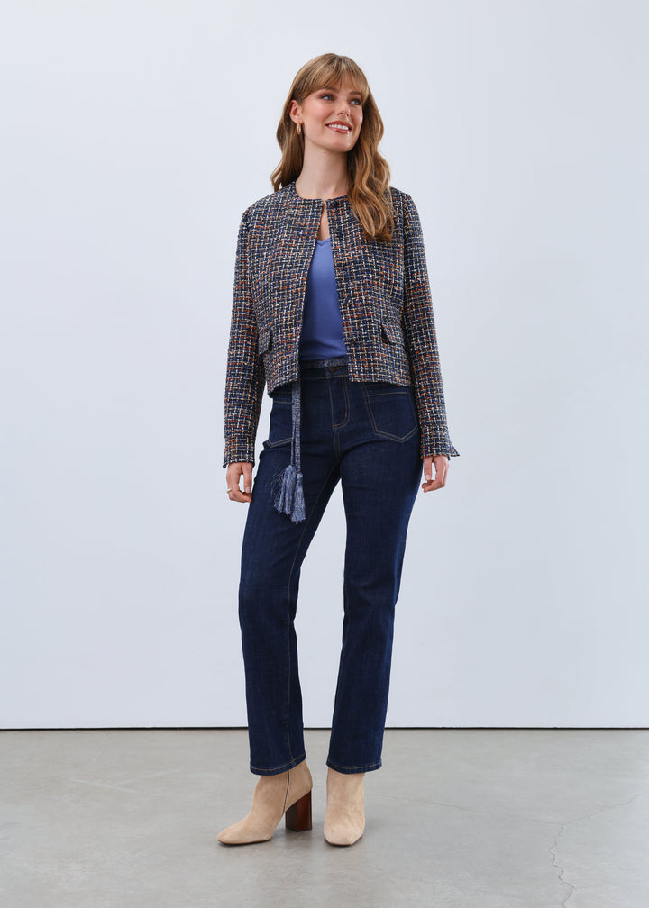 TWEED COLLARLESS JACKET - NAVY