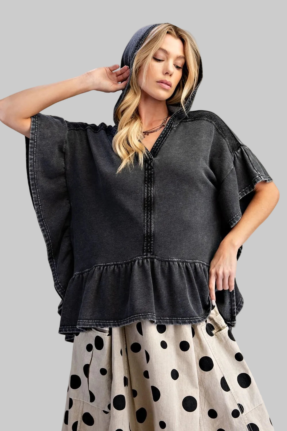 SHORT DOLMAN SLEEVE RUFFLE HEM TERRY TOP - ASH