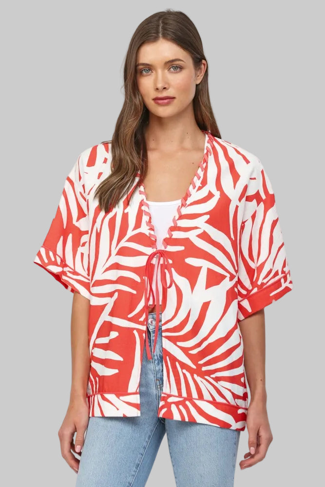 TROPICAL PRINT KIMONO W/BRAIDED EDGE - WHITE/CORAL
