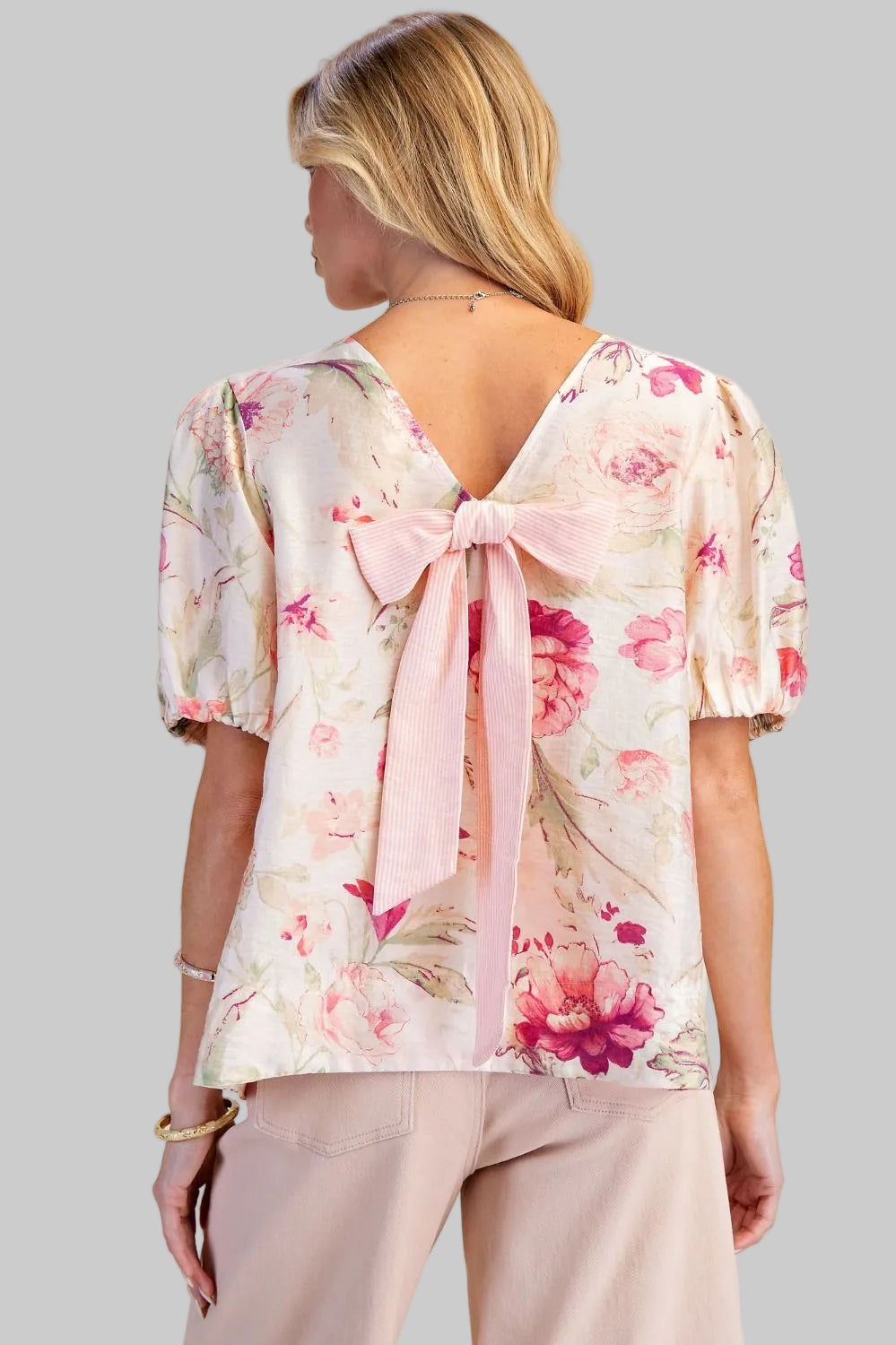 PUFF SHORT SLEEVE FLORAL BOW BACK TOP - NATURAL