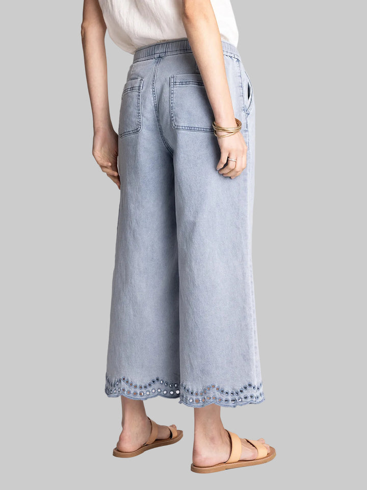ELASTIC WAIST CROPPED EMBROIDERY MORWENNA PANTS - MEDIUM BLUE