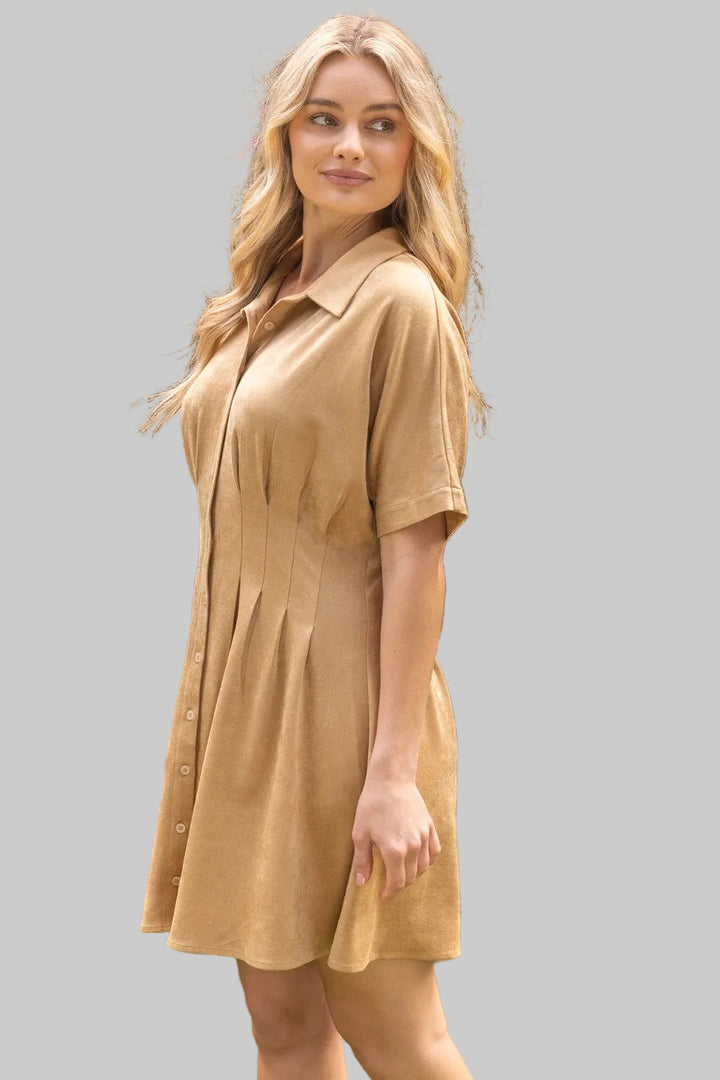 DOLMAN SLEEVE PLEATED WAIST SHIRT DRESS - TAUPE